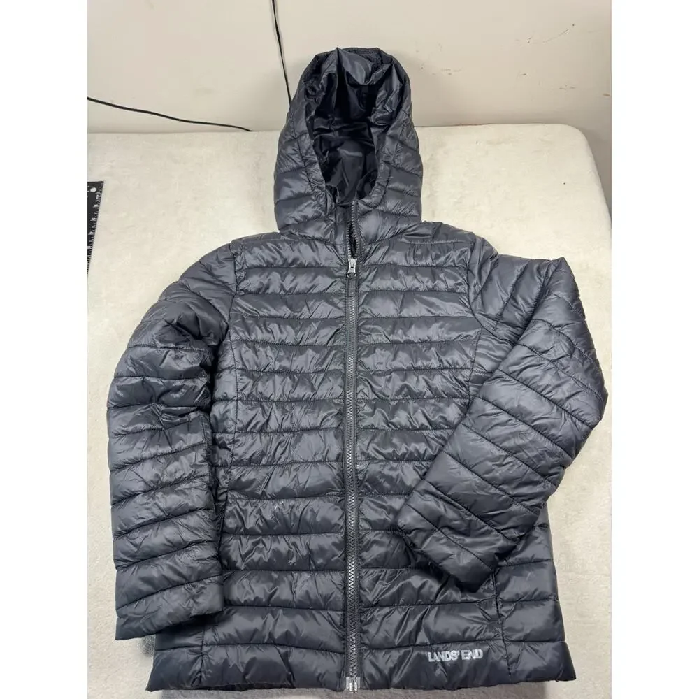 Lands End Girls L 10-12 Black Hooded Lightweight Puffer Jacket Full Zip